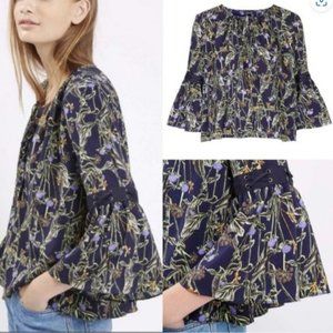TOPSHOP Blouse Medium US 10 Bell Sleeve Flowy Smock Top Floral Print Blue BOHO